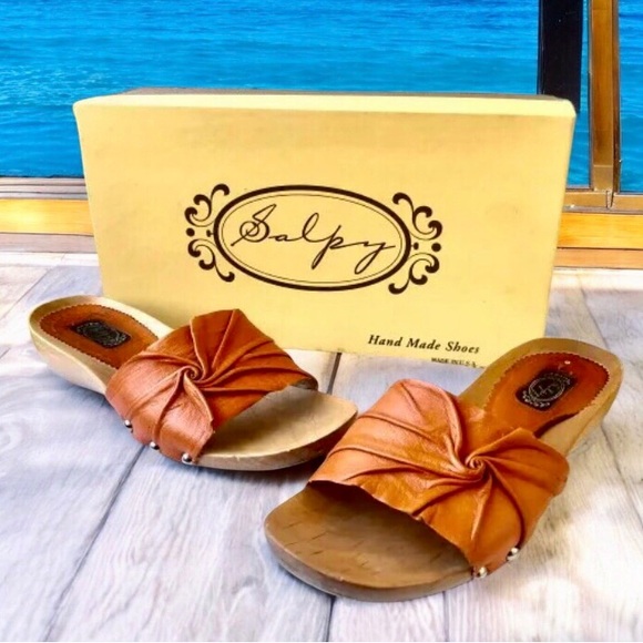 SALPY Handmade Shoes Orange Leather Wooden Mule Style Anna - Picture 1 of 15
